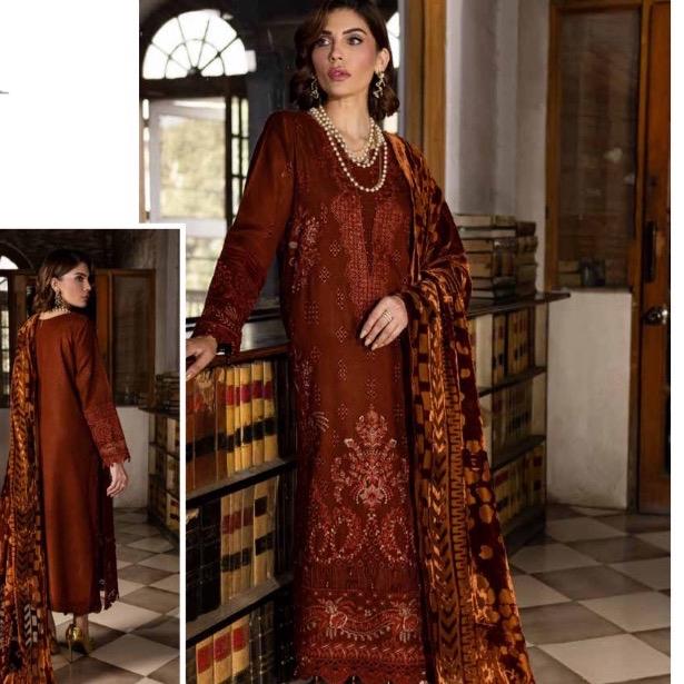 Nureh Luxury Ready to Wear | Tailored Stitched | Embroidered Leather Peach Women's Womenswear Collection with Velvet Palachi Shawl and Dyed Leather Trouser - Soft, Asian Elegance Clothing Embroidery Dress Traditional Comfortable Elegant Suit 2