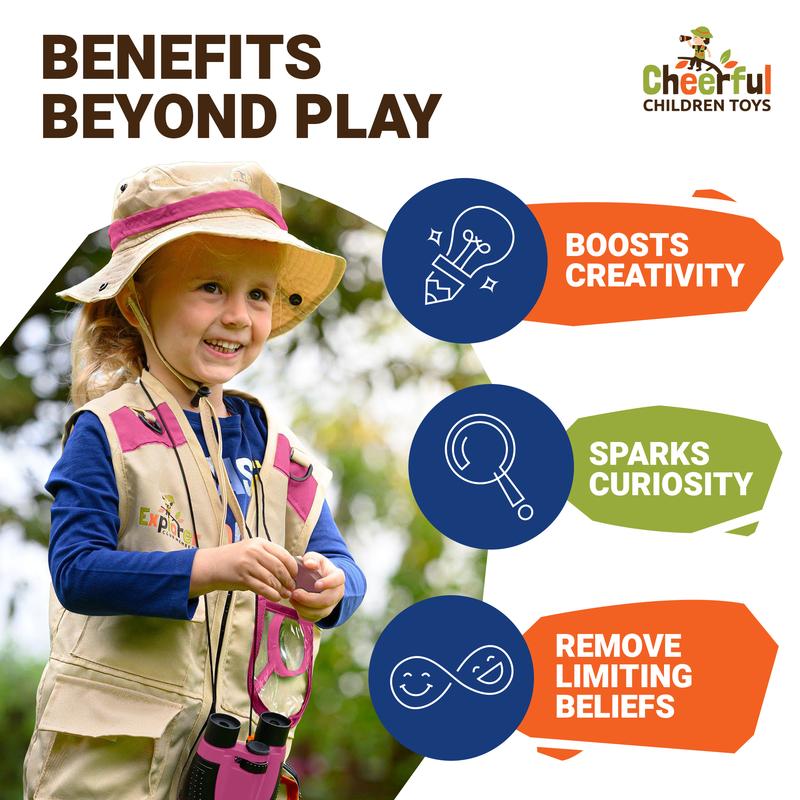 Cheerful Children Toys Premium Kids Explorer Kit with Extra Sturdy Accessories for 3-7 Year Olds -Bug Hunting Costume Hat Vest boys girls Outdoor Backyard Safari Nature Zoo Keeper STEM Educational 7
