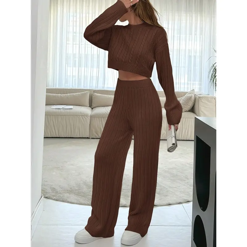 2pcs Women Solid Color Stand Collar Long Sleeve Sweater Top And Long Pants Casual Knitwear Set Clothing Fit Womenswear Suits Fabric Comfort Basic Minimalist 5
