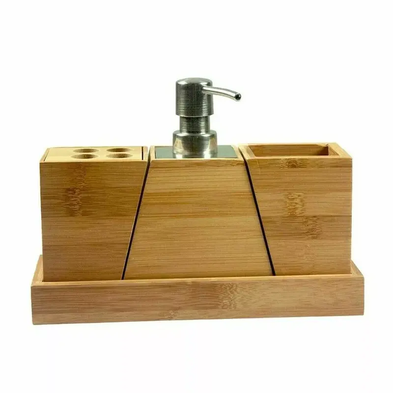 Bamboo Bathroom Accessories Set - Tumbler, Soap Dispenser, Brush Holder, and More 2