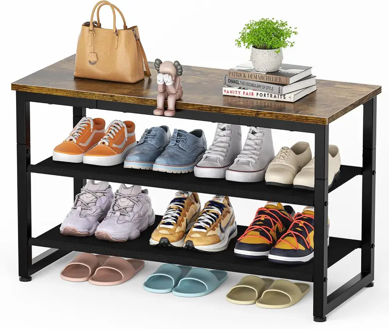 Shoe Rack with Wooden Shelf, 3 Tier Shoe Storage Bench for Entryway Living Room Hallway Bedroom Organiser 0