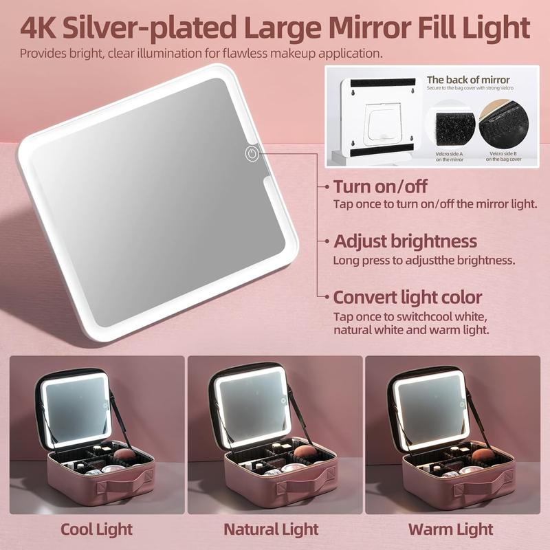 Travel Makeup Bag with LED Light Mirror 3 Color Adjustable Brightness, Waterproof Cosmetic Case Organizer with DIY Dividers, Toiletry Makeup Case Christmas Gift for Her 5