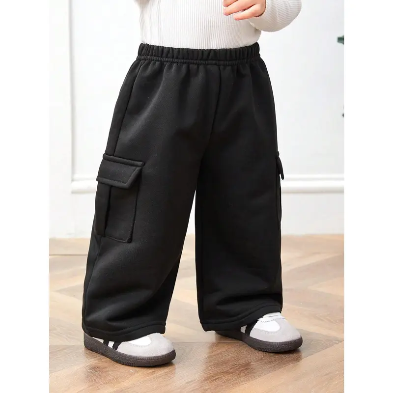 Casual Korean Style Patch Pocket Loose Straight Knit Sweatpants, For Baby Boy/Baby Girl 0