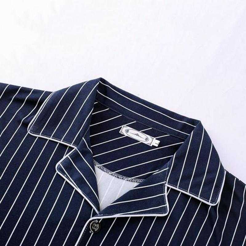 2 Pcs/Set Men Spring Pajamas Set Men Homewear Shirt Pants Set Striped Plaid Print Lapel Single-breasted Long Sleeve Wide Leg 5
