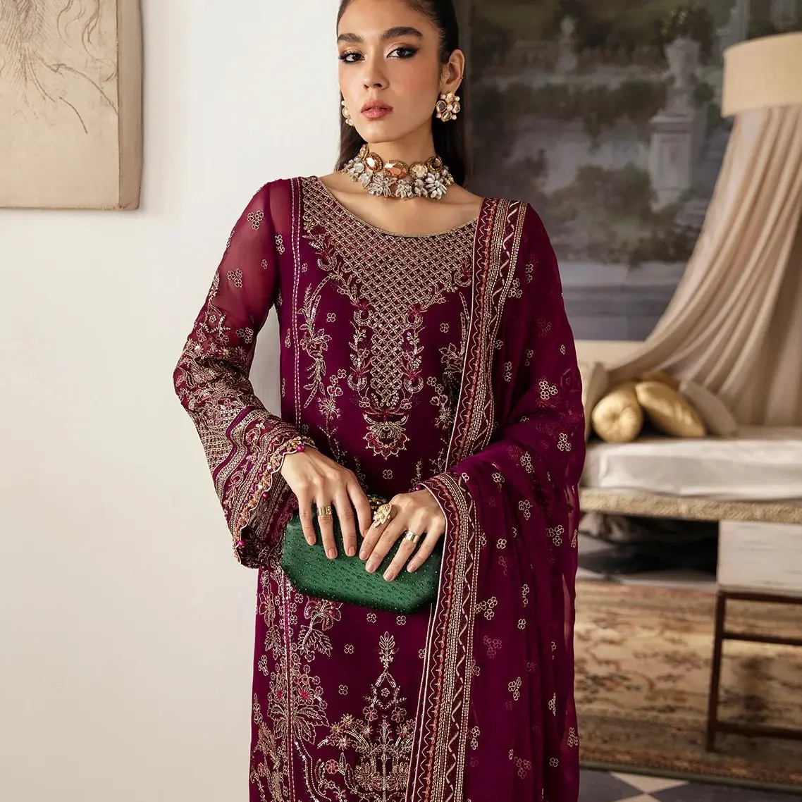 Gulal chiffon stitched dress embroidered Pakistani casual Comfort Long Sleeve,  Casual Wear Womenswear