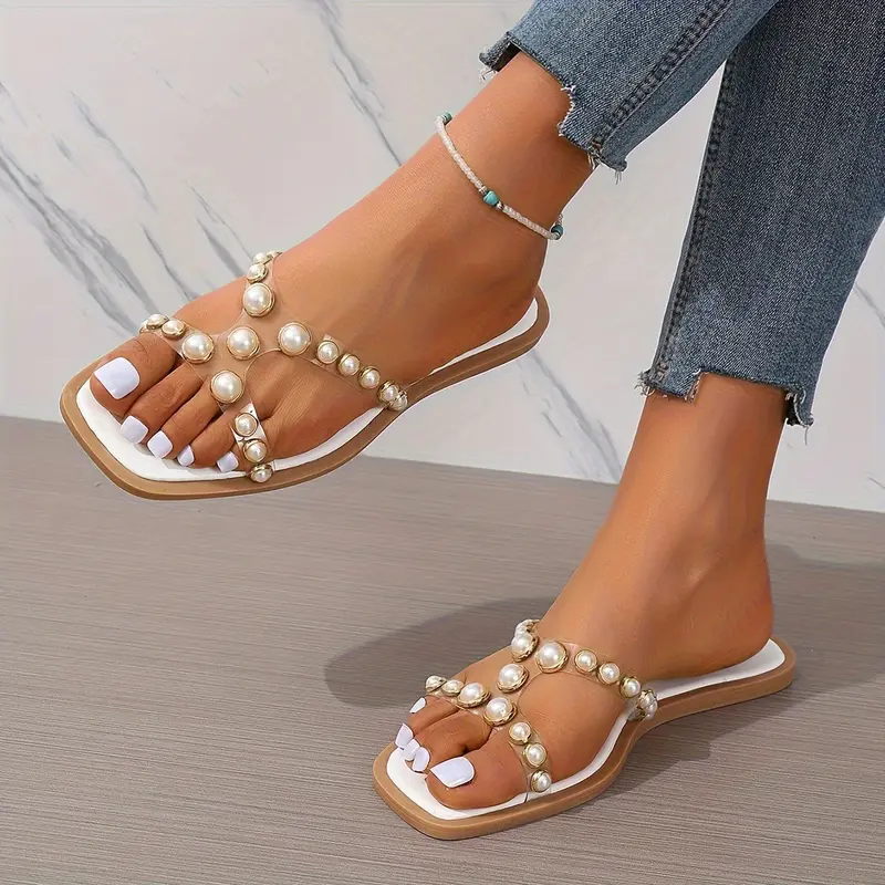 Women's Faux Pearl Decor Slide Sandals, Casual Square Open Toe Flat Summer Shoes, Comfortable Slide Sandals 3