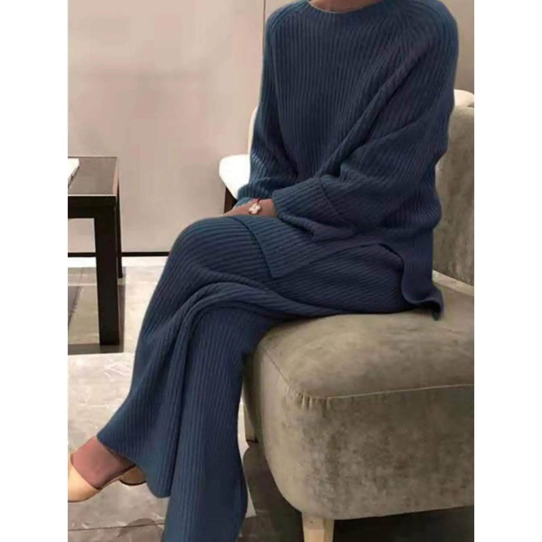 Casual Ribbed Knit Fall Winter Pantsuits, Crew Neck Long Sleeve Pullover Sweater & Split Wide Leg Pants Outfits, Women's Clothing