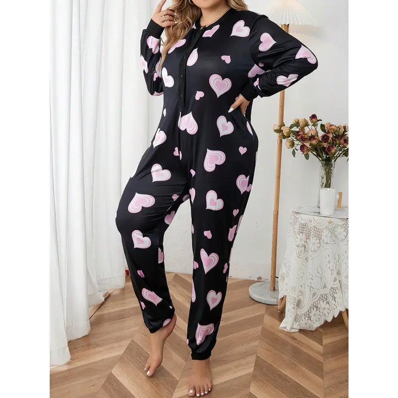 Plus Heart Print Sleep Jumpsuit, Pajama Jumpsuit Fit Long Sleeve 4