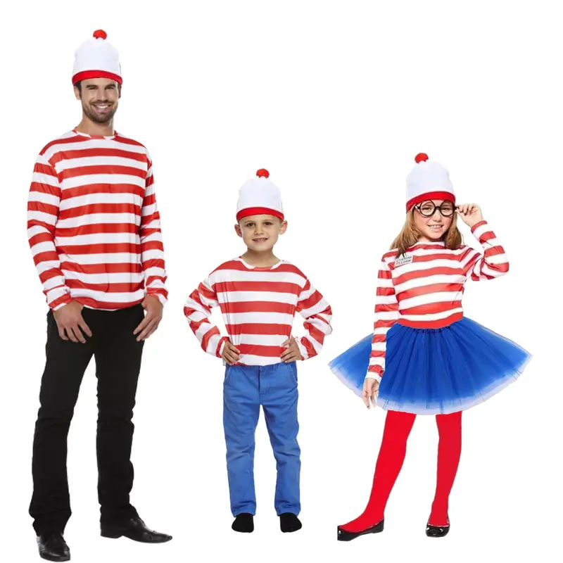 Wally Boys & Girls Unisex Red & White Striped T-Shirt, Hat & Glasses | Kids Children's Fancy Dress Costume For Book Week Day, School Cosplay Party 6