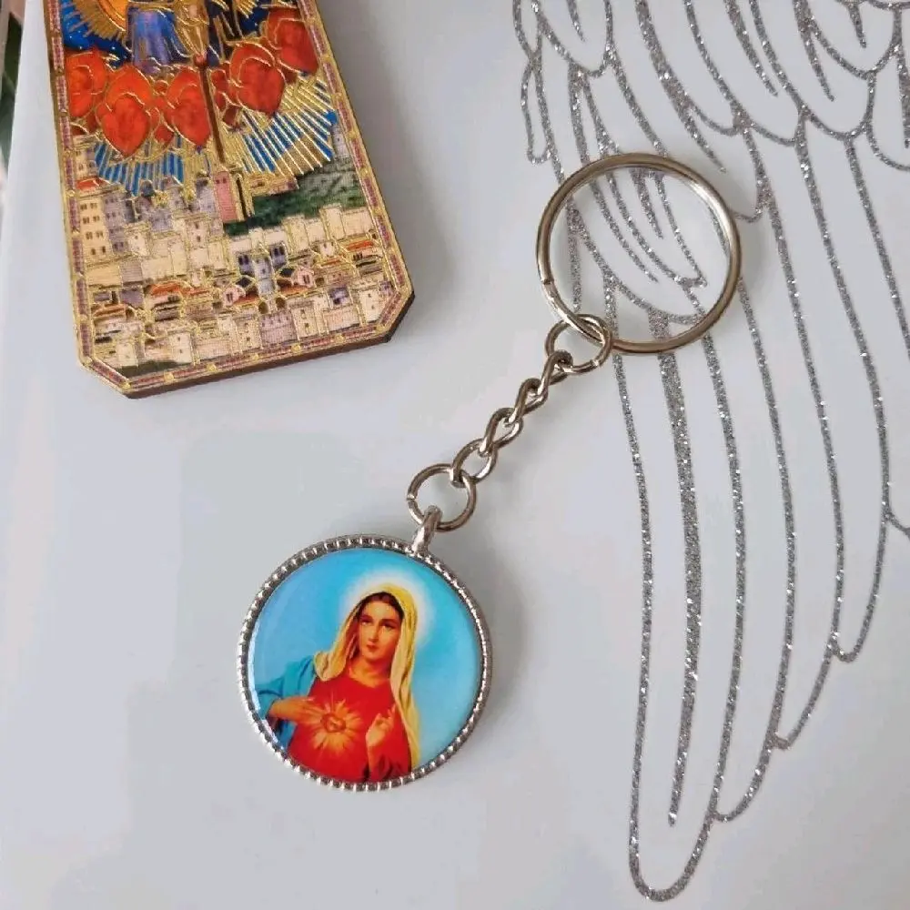 Virgin Mary Keyring with Cross - Colourful and Bright