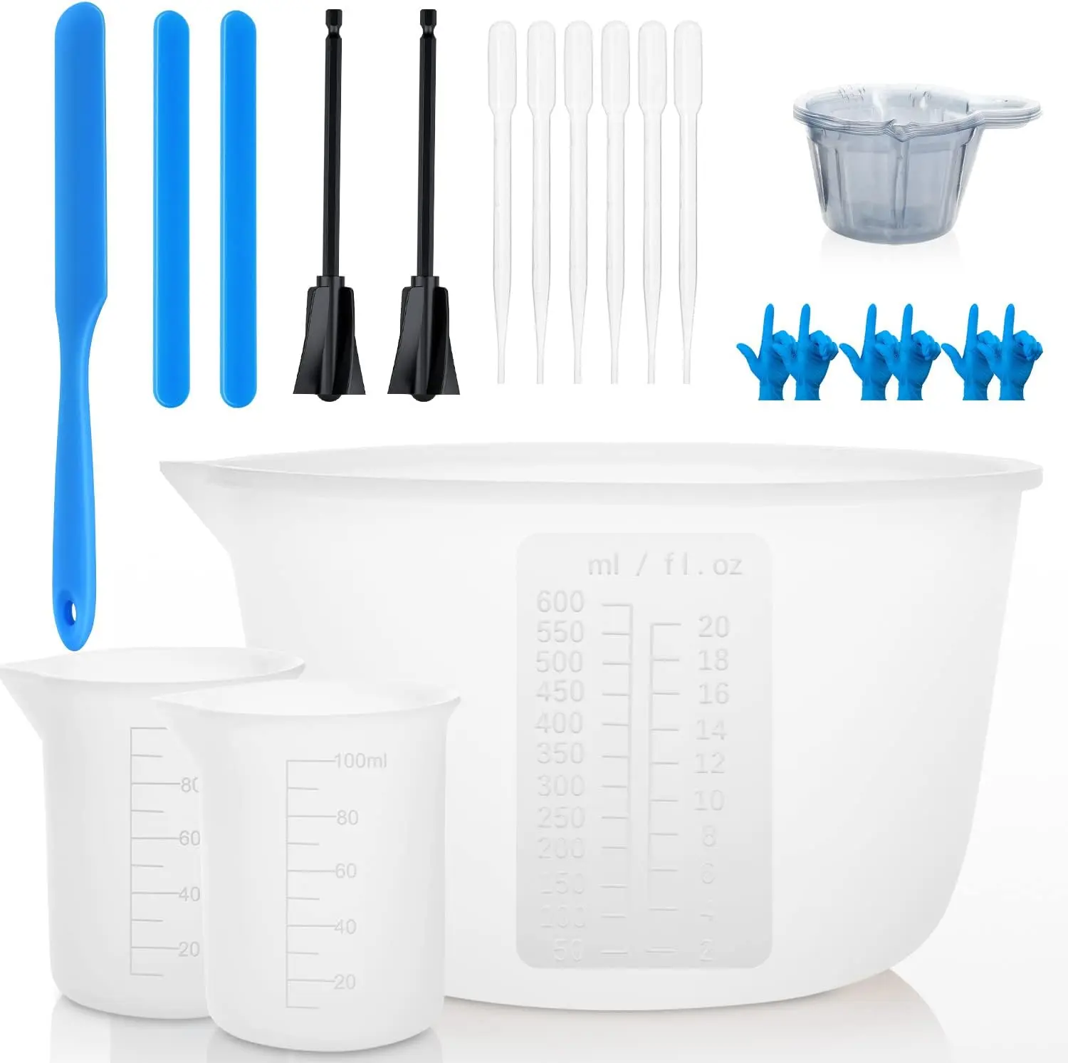 Silicone Measuring Cups for Resin, 600&100ml Resin Mixing Cups, Silicone Stir Sticks,Silicone Spatula,Mixing Paddle,Dispense Cup,Dripper,Gloves for Epoxy Resin Mixing,Molds,Jewelry Making,Easy Clean Kitchen Utensils