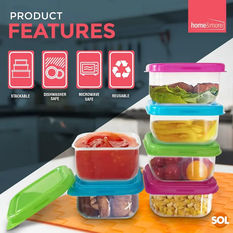 12 Small Plastic Containers with Lids 80ml, Stackable Small Food Containers W6 x D6 x H4 cm, Airtight Colourful Small Storage Containers, Kitchen Storage Small Tubs with Lids Set 1