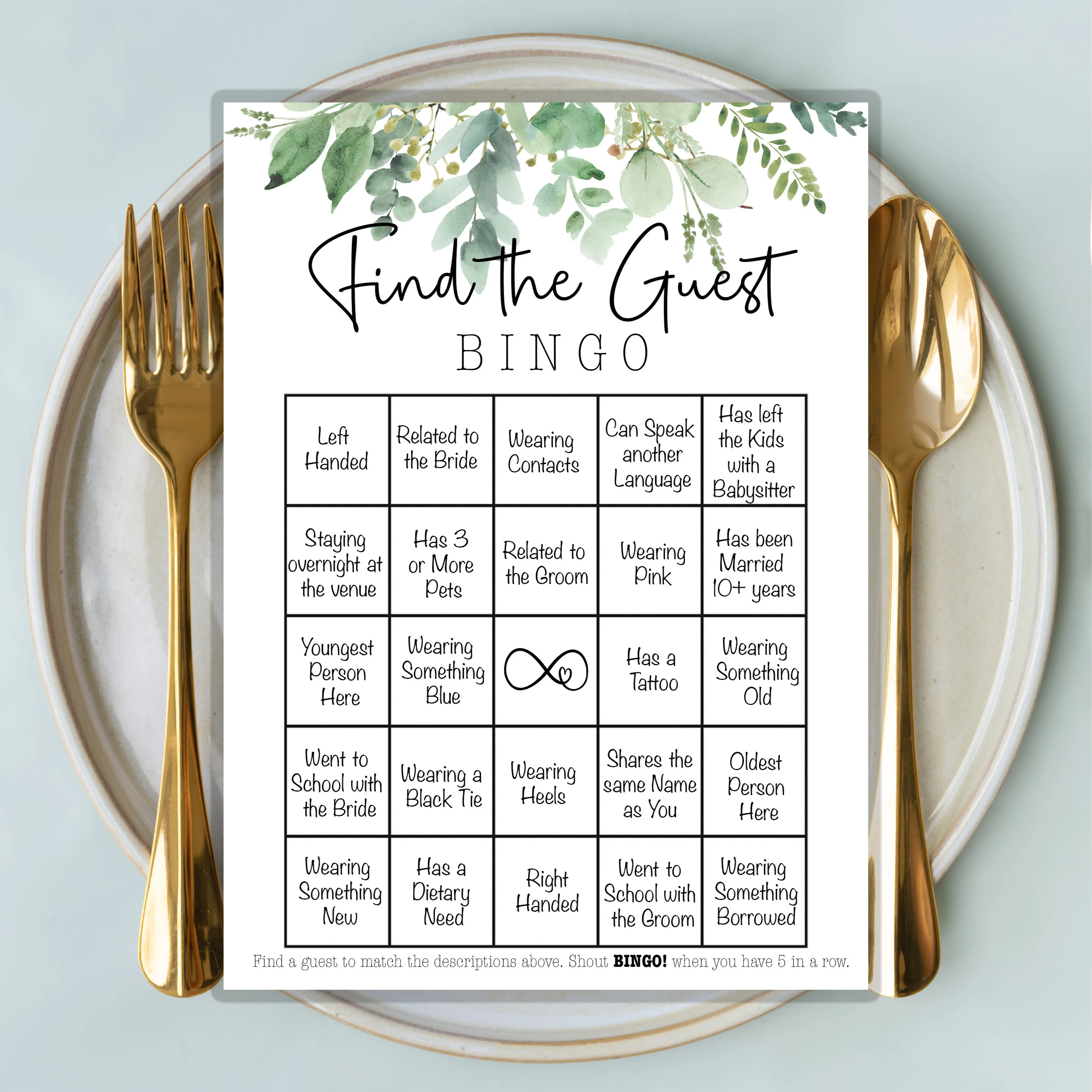 Find the Guest Bingo, Find the Guest Wedding game, Find The Guest Bingo, RHEA Greenery Bridal Shower Games
