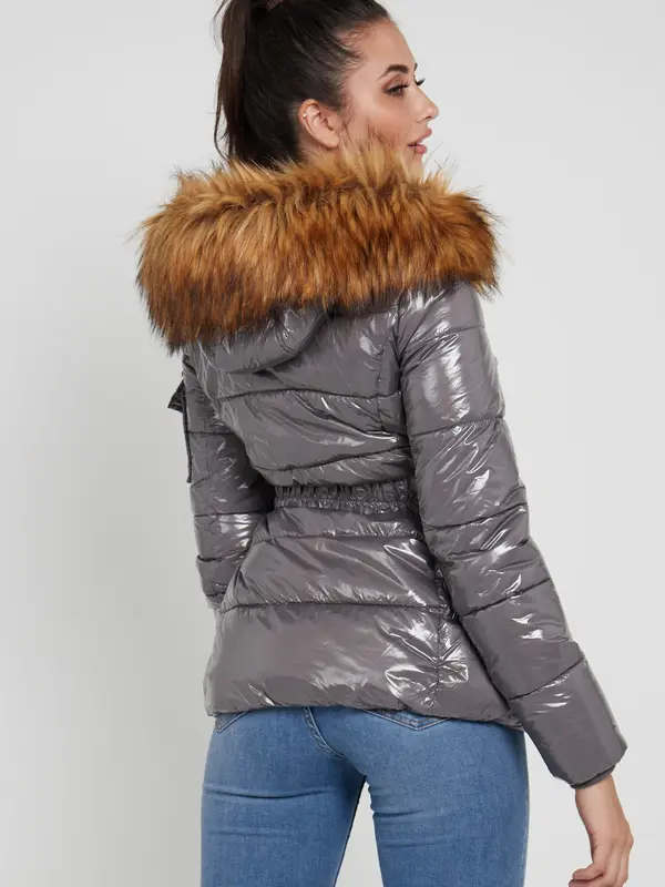Love Sunshine Shiny Belted Puffer Coat with Faux Fur hood Fitted Pocket Jacket Women Womenswear Outerwear 4
