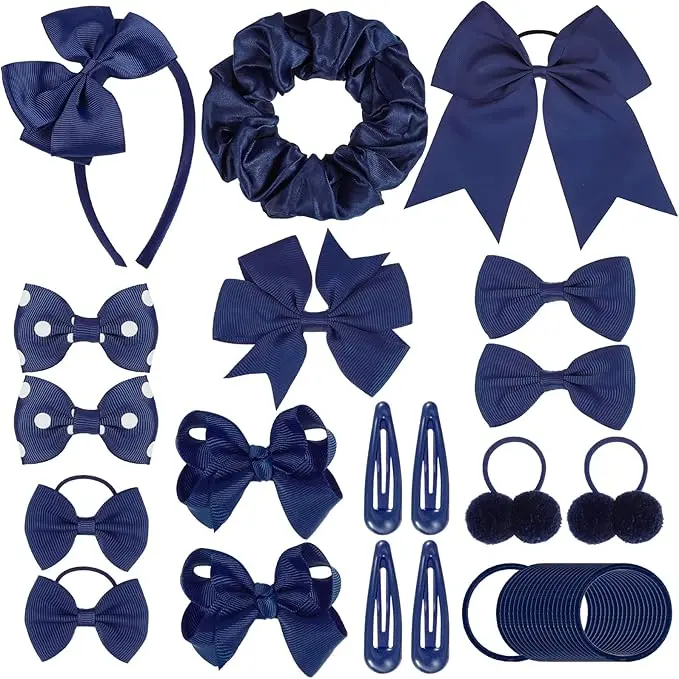 48Pcs Girls School Hair Accessories Kit Navy blue Bow Hair Clips Headband Ponytail Holder Elastics Bands Ribbon Hair Barrettes Hair accessories for girls Birthday Gift