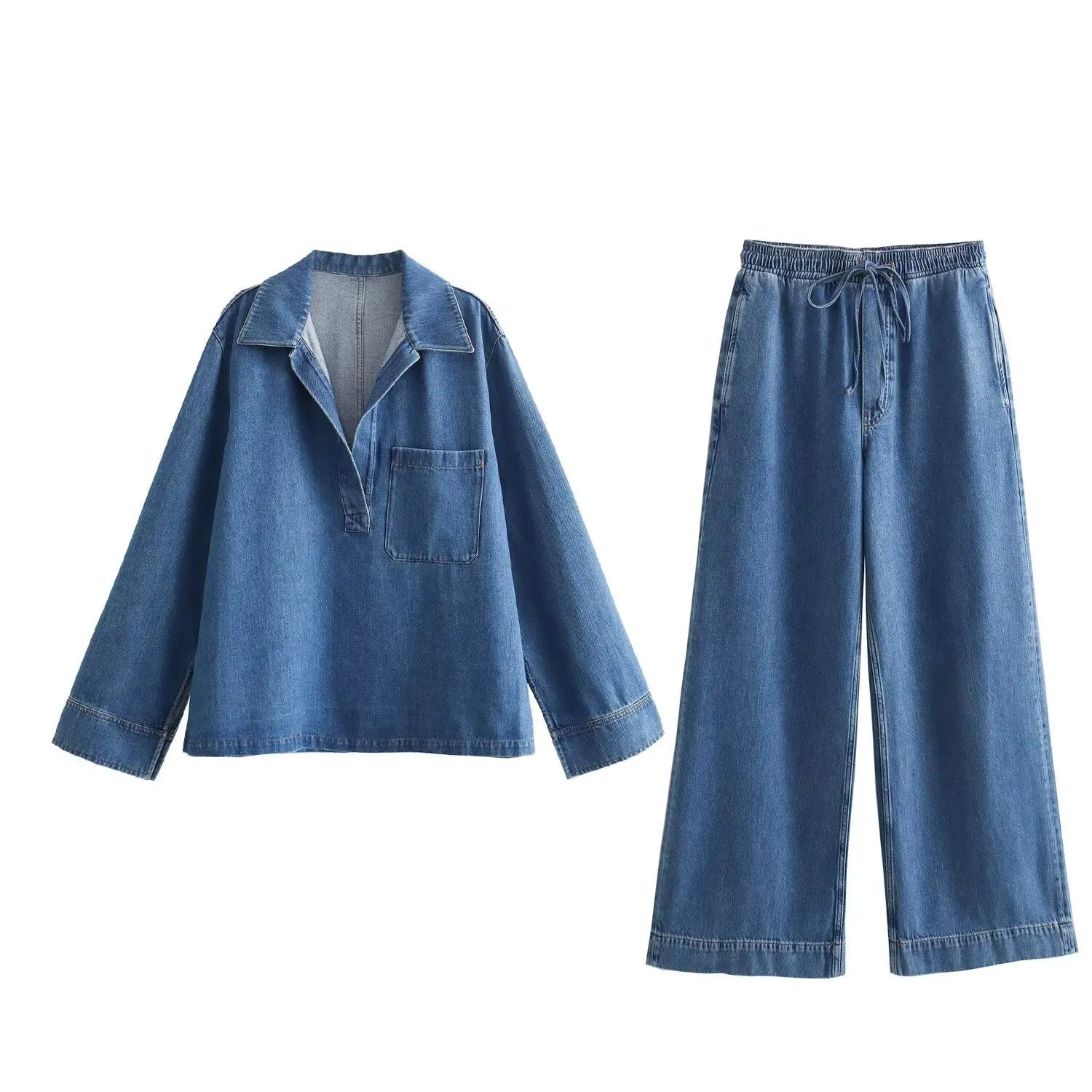 ZADATA suit women's 2024 spring cross-border street fashion denim top European and American straight pants casual wear