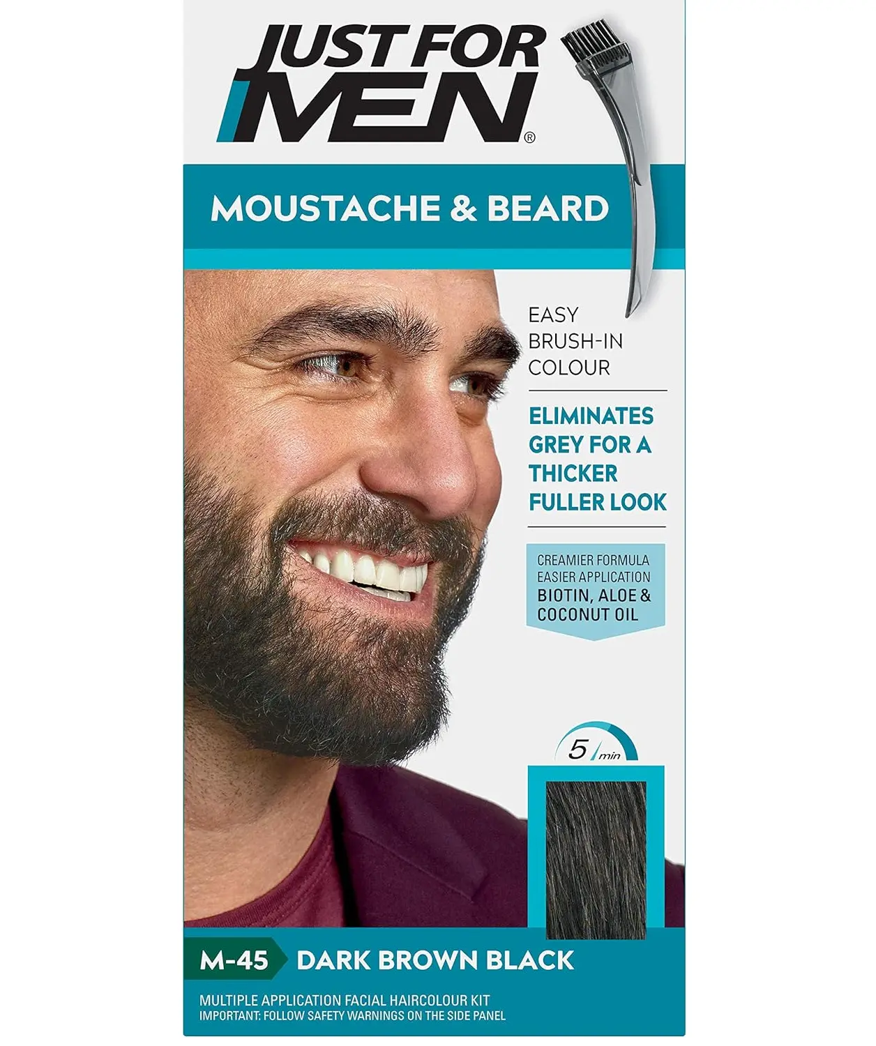 Just For Men Moustache & Beard M45 - Dark Brown Black Dye, Eliminates Grey For a Thicker & Fuller Look With An Applicator Brush Included – M45 Hair Care Kit