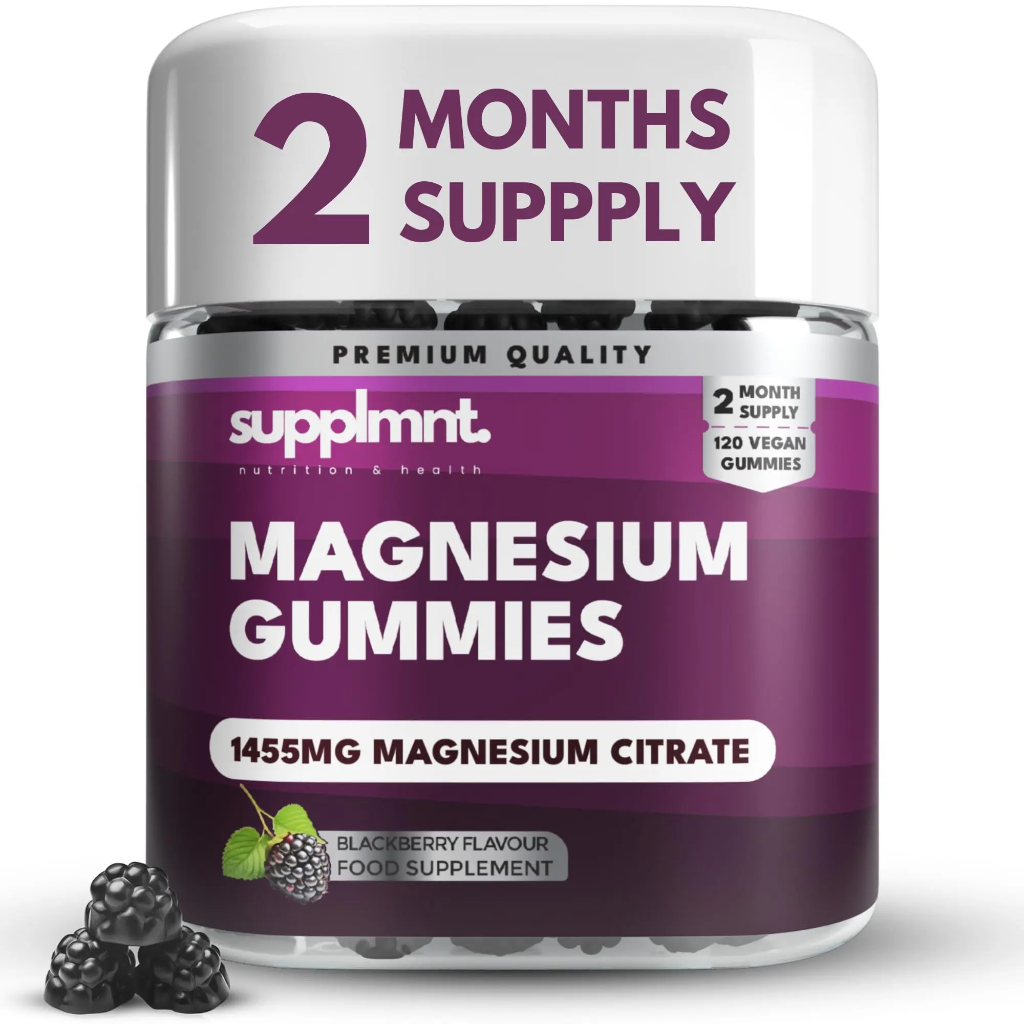 Magnesium Gummies for Adults - 120 Vegan Gummies - 1455mg Magnesium Citrate Offering 160mg of Magnesium - Chewable Magnesium Supplement - Gluten-Free Supplement for Women & Men - 2-Month Supply
