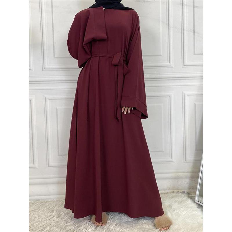 Arabic Clothing-Women's Solid Long Sleeve Round Neck Maxi Arabian Dress with Belt, Asian Suits Eid, Dresses for Women, Closed Abaya, Lady Loose Abayas, Kaftan Long Dress for Spring Summer Fall 3