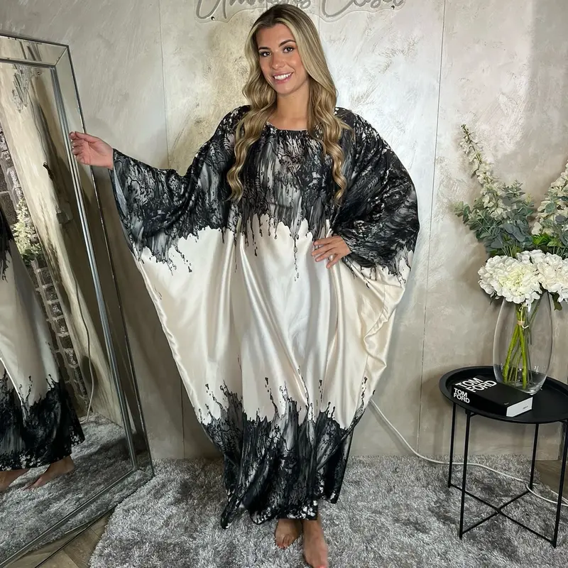 Marble Splash Adjustable Kaftan - Casual & Elegant Style, Scoop Neck, Long Sleeves, Slight Stretch, All Seasons 0