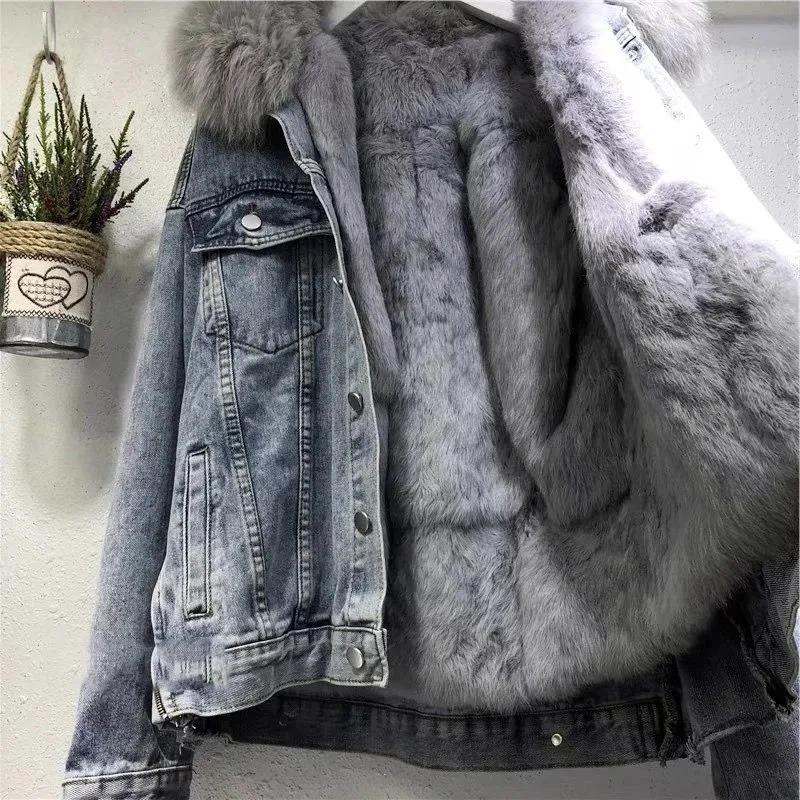 Product Introduction of Winter Women Warm Basic Coat Big Fur Collar Denim Jacket Female Cold Motorcycle Jackets Outerwear Fleece Thick Casual Overcoat 5