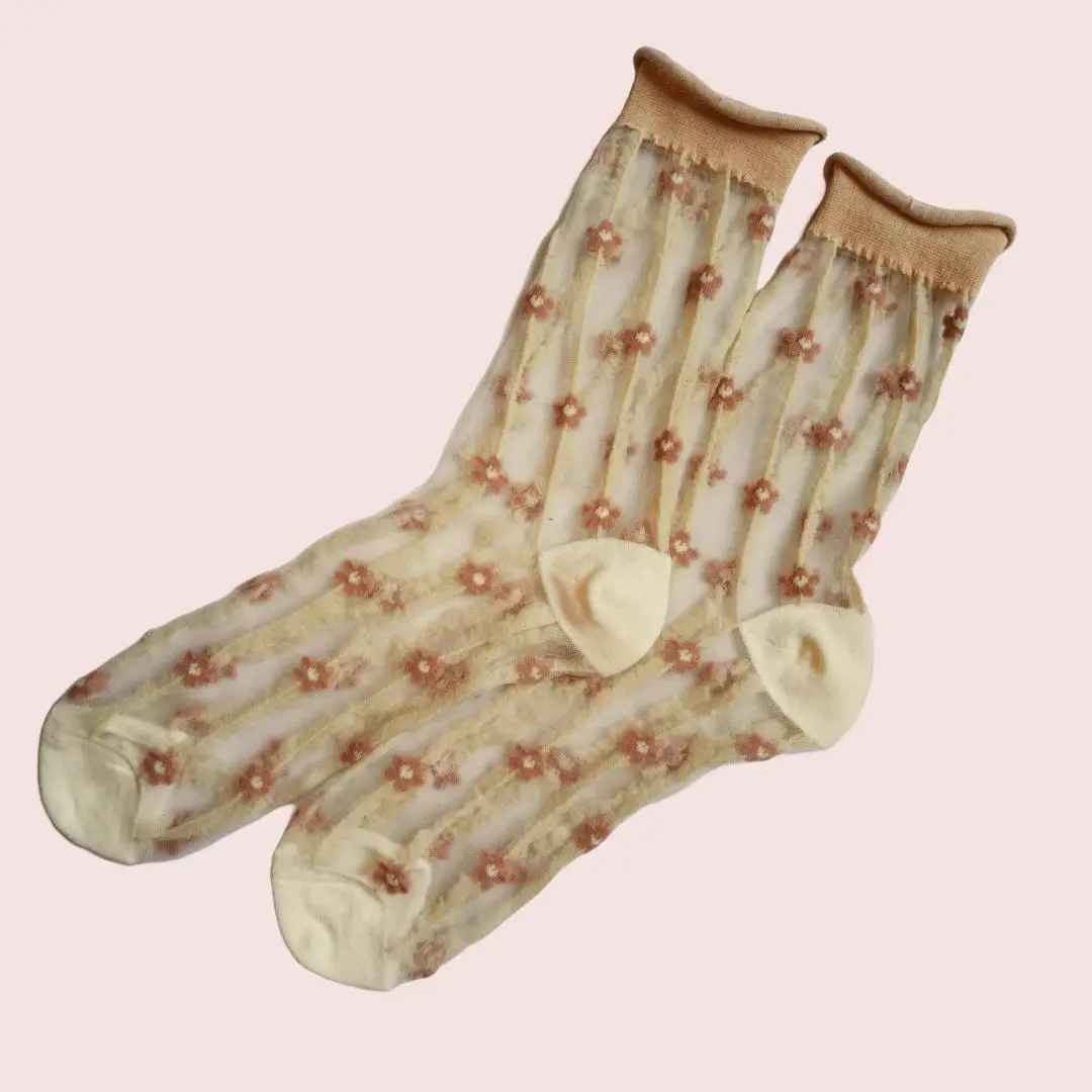 Cute Girls Embroidered Crew Socks - Translucent with Small Flowers