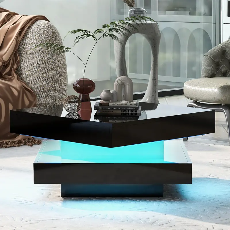 BTM Luxury Modern Furniture  70x70x36 cm Black Square High Gloss Coffee Table with 360° Rotating Top, Tea Table with 16-Color LED light 3