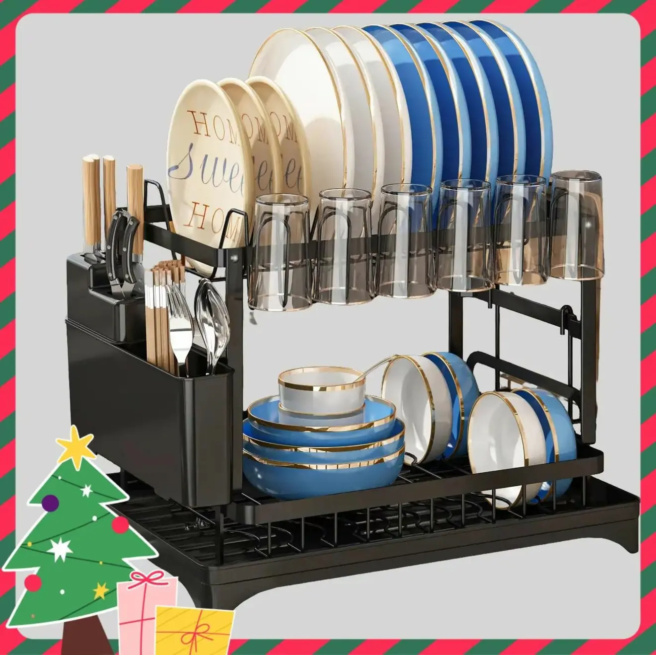 Dish Drying Rack - X-Large Stainless Steel Dish Rack for Kitchen Counter, 2-Tier Kitchen Organizers and Storage for Dishes, Bowls, Cutlery, Black storage dish  drying