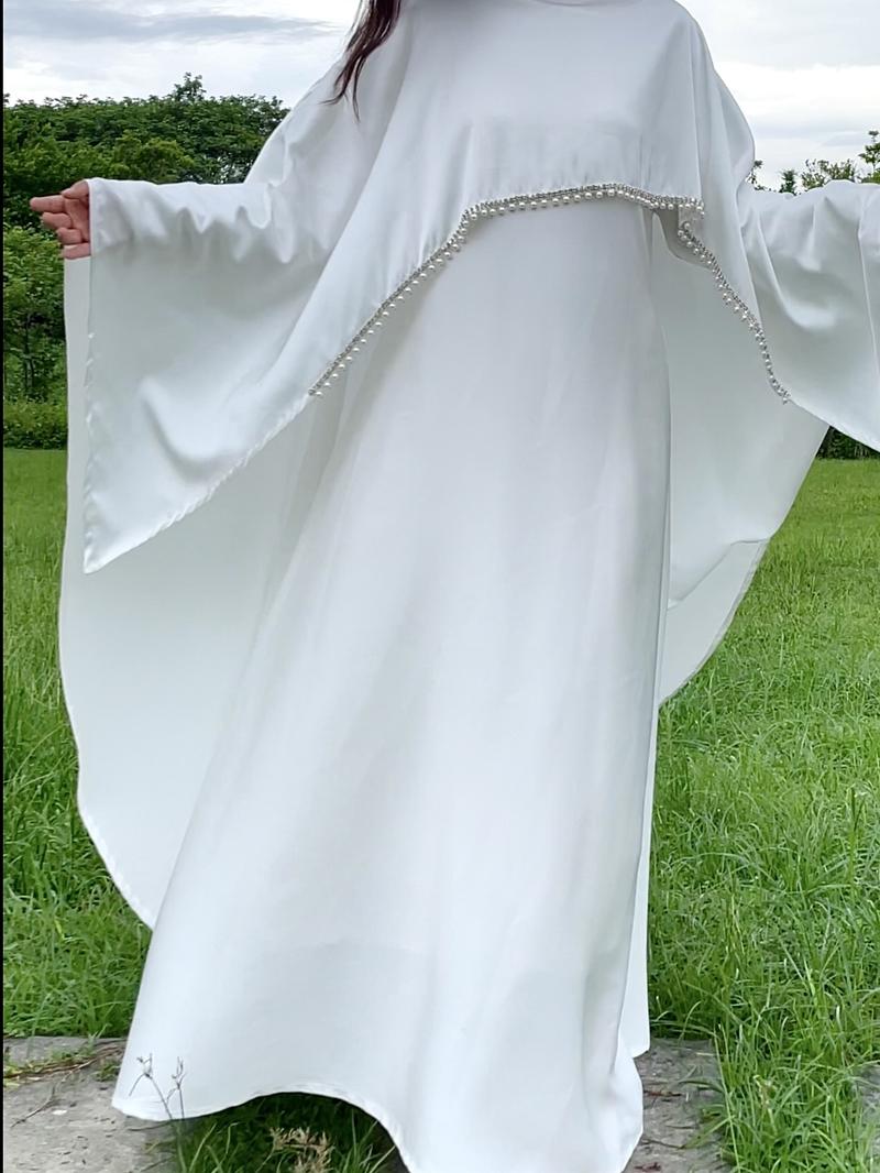 Product Introduction of 2025 Ramadan Promotion Two- piece Satin cape elegant dress , occasion abaya , Modest dress with pearl and crystal 35