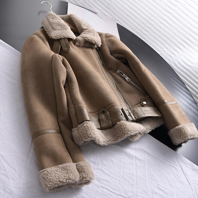 Product Introduction of 2024 Winter Women Thick Warm Suede Lamb Jacket Short Motorcycle Brown Coats Faux Shearling Sheepskin Leather Jackets Outwear 25