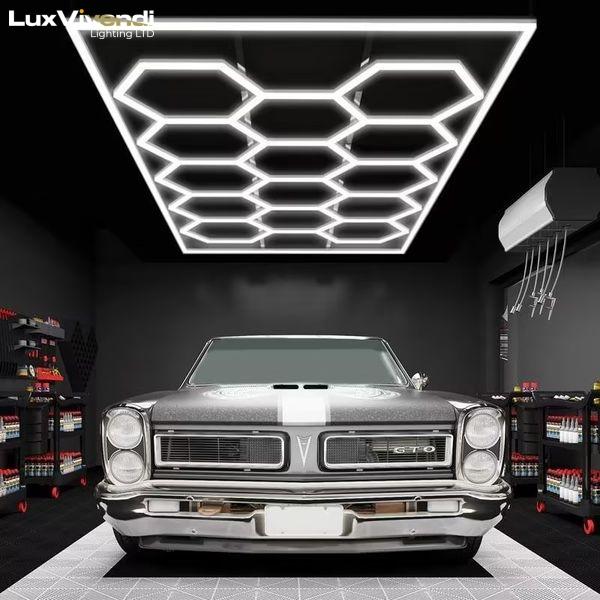 LuxVivend-Hexagon garage Light 6500K 680W 14grid Workshop Autoshop with White Border for Gym Garage Basement Warehouse Car Detailing Shop 9