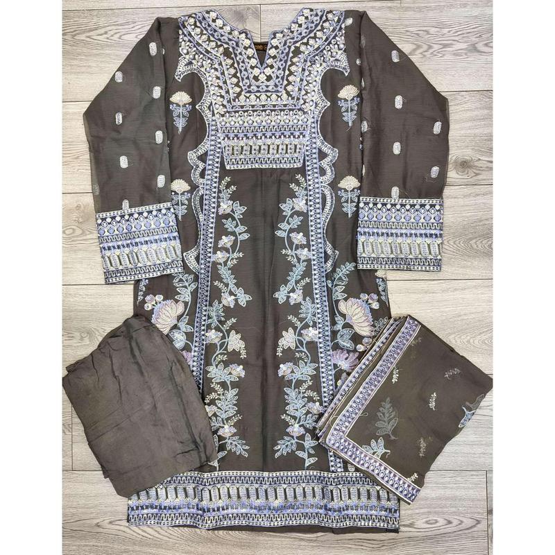 FL ultimate grey colour luxury embroidered chiffon fabric shalwar kameez with embroidered chiffon dupatta in sizes (M to 8XL) womenswear traditional clothing festive and party wear plus size 2