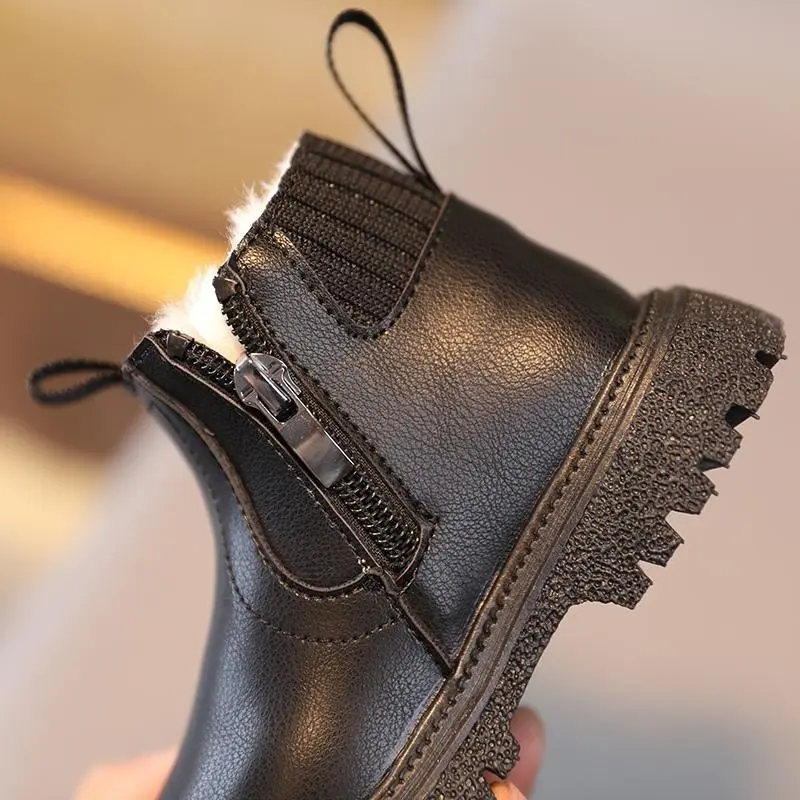Autumn Winter Kid Boys Girls Casual Ankle Boots Comfortable Simple Side Zipper Leather Boots Velvet Warm Non-Slip Boots 5