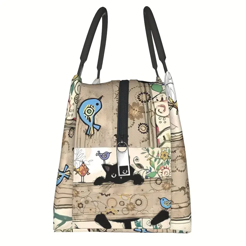 Black Cat and Bird Pattern Portable Insulated Lunch Bag, 27.94x16.0x17.02cm, Suitable for Camping, Picnics, Beaches, and Outdoor Activities 2