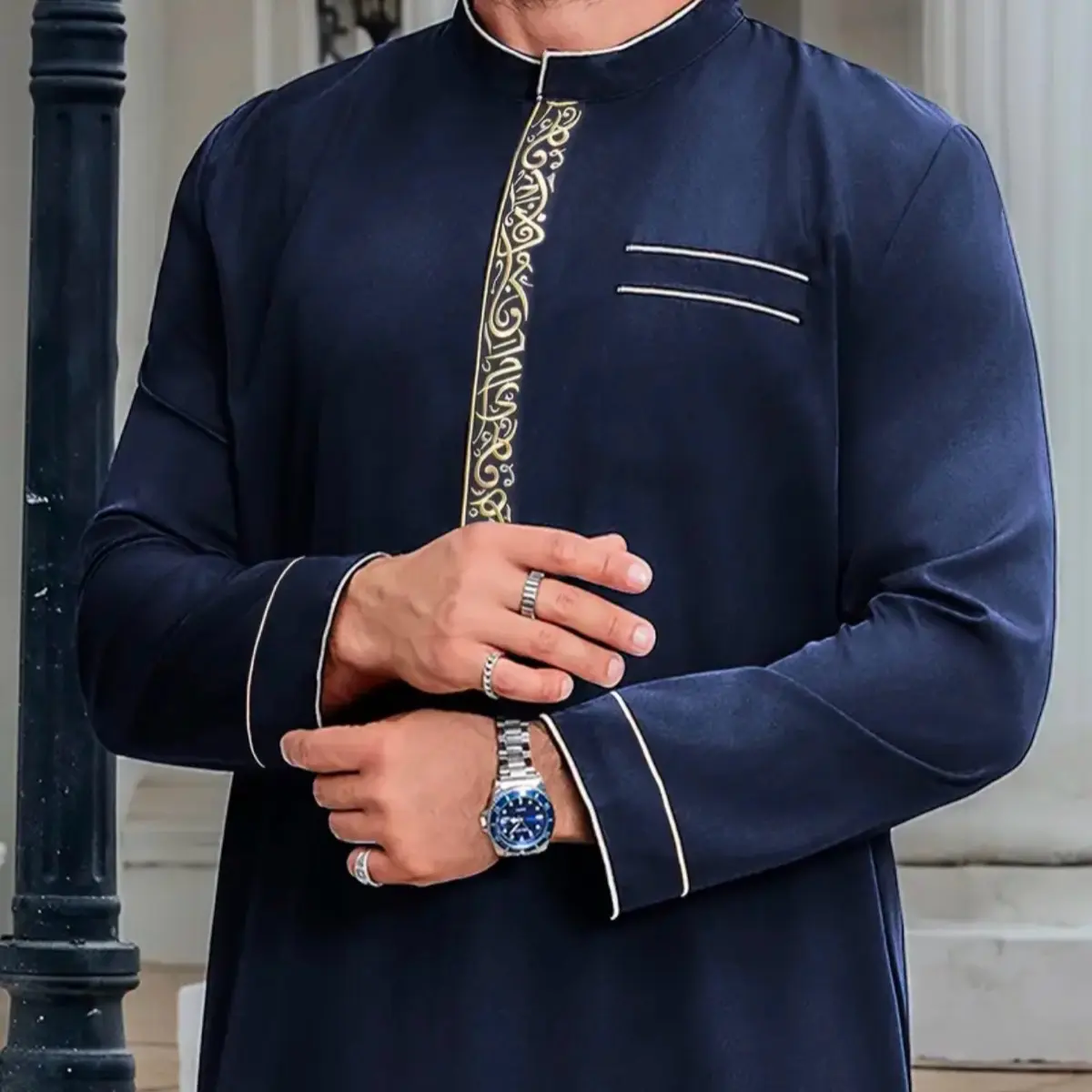 Regal Navy Blue Thobe with Golden Embroidery for Men - Islamic Clothing