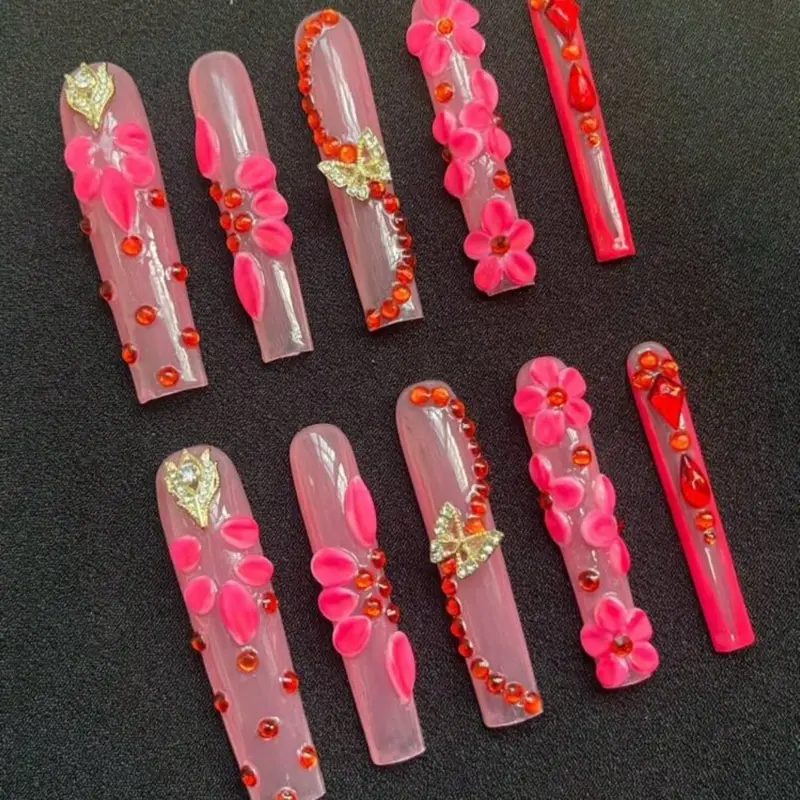 Extra long Handmade, 10 Pieces, 55mm Length, Pink Theme Nail Piece with Red Small Diamonds -