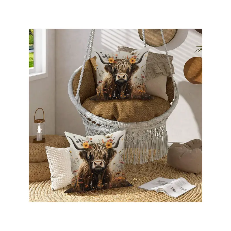 2PCS Highland Cow Botanical Flower Brown Polyester Throw Pillow Covers, Farmhouse Animal Rustic Nature Pillow Covers, Decorative Cushion Covers 45*45Cm/18 "X18", For Living Room Bedroom Sofa Bed Decoration 3