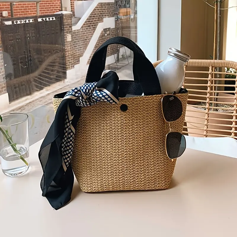 Large Capacity Bohemian Woven Tote Bag for Women - Lightweight Straw Beach & Picnic Handbag with Magnetic Closure, Perfect for Summer, Camping, and Casual Outings - Available in Khaki,, Black, Casual Commuting Bag | Bohemian Style Bag |  Beach Bag 1
