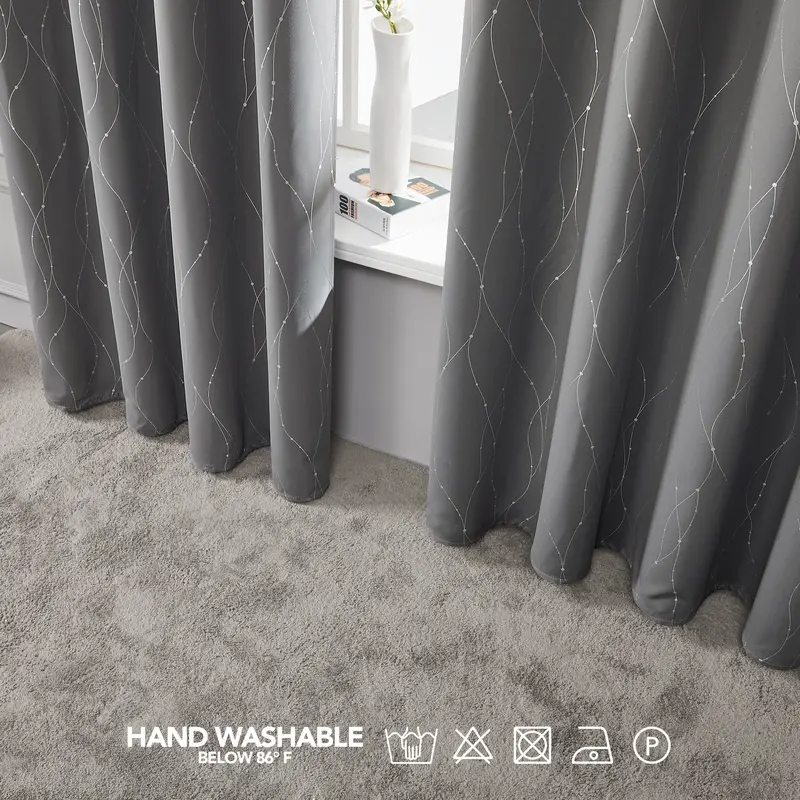 Deconovo Grey Curtains, Dotted Line Foil Printed Thermal Insulated Blackout Curtains, Window Treatment Eyelet Curtains for Bedroom,  2 Panels 1