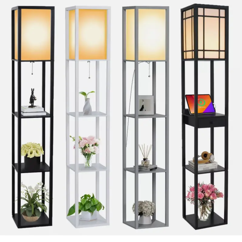 LED Floor Lamp Modern Standing 4-tier Storage Display Shelf Wooden Lounge Light