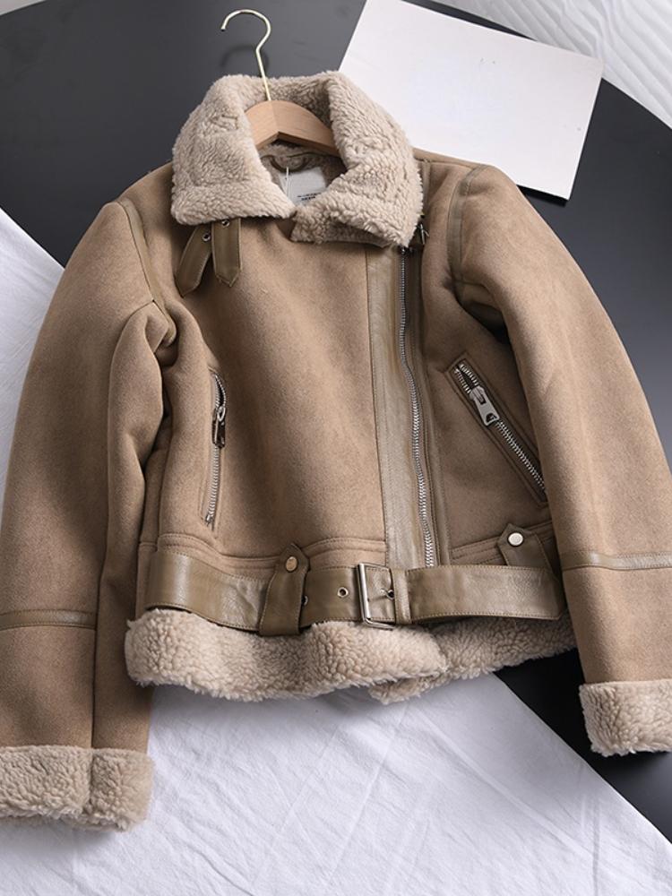 Product Introduction of 2024 Winter Women Thick Warm Suede Lamb Jacket Short Motorcycle Brown Coats Faux Shearling Sheepskin Leather Jackets Outwear 13