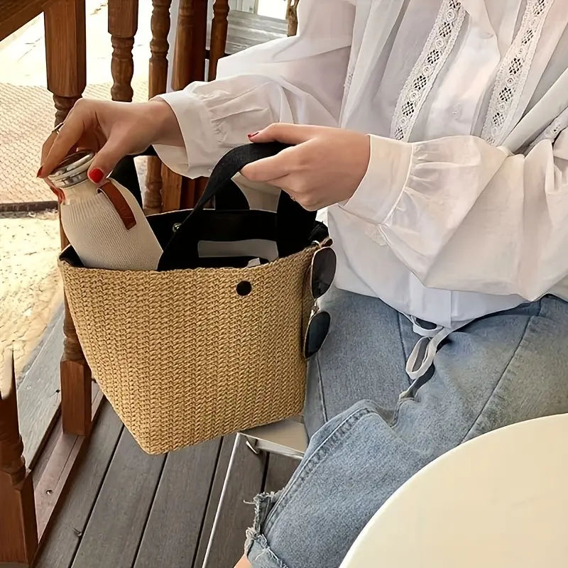 Large Capacity Bohemian Woven Tote Bag for Women - Lightweight Straw Beach & Picnic Handbag with Magnetic Closure, Perfect for Summer, Camping, and Casual Outings - Available in Khaki,, Black, Casual Commuting Bag | Bohemian Style Bag |  Beach Bag 8