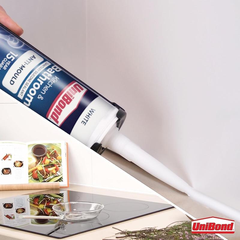 UniBond Anti-Mould White, Waterproof Mould Protection Kitchen & Bathroom Sealant, Long-lasting White Silicone Sealant, Powerful Shower Sealant, 1 x 274g Cartridge flex  seal epoxy  grout flex  seal 2