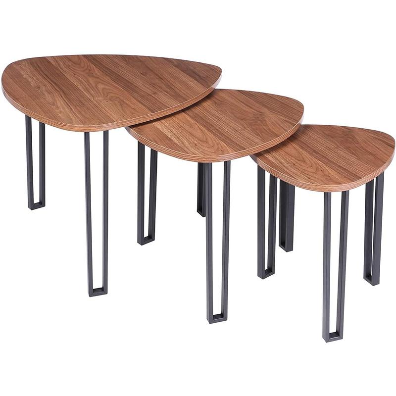 Set of Triangle Table Wood/Metal Coffee Living Room End Tea Nesting Tables Angled Legs 0