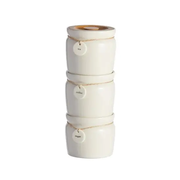 Homeware Set of 3 Cream Hang Tag Stacking Canisters Tea Coffee Sugar Kitchen Organiser Space Savers Containers - Utensils food