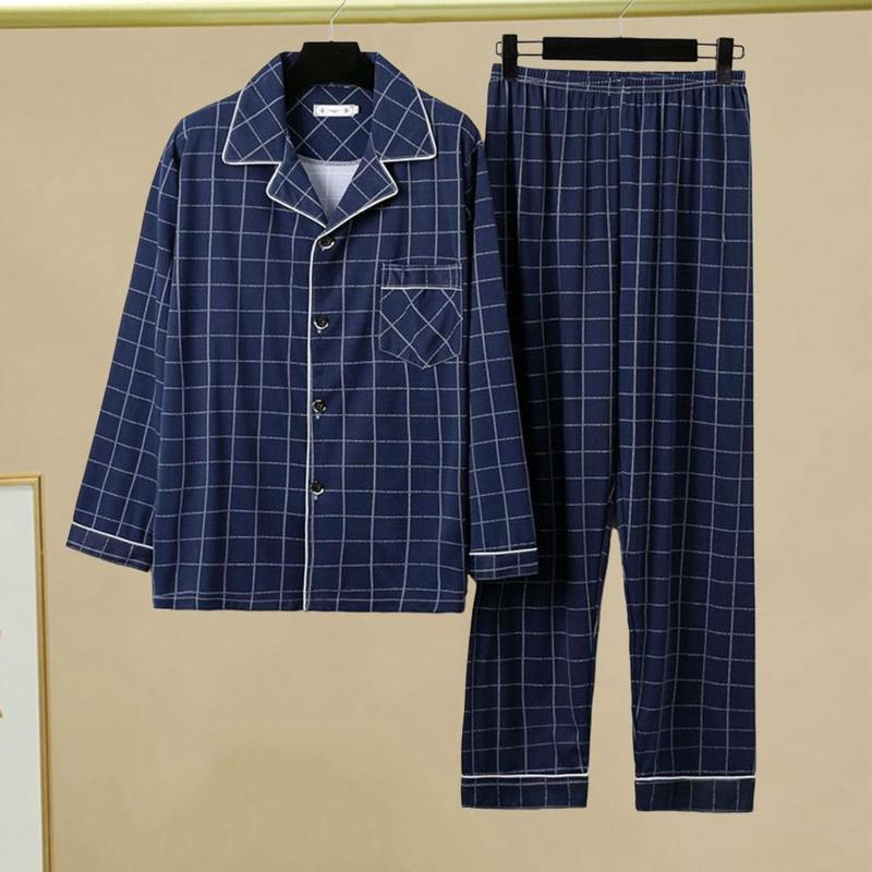 2 Pcs/Set Men Spring Pajamas Set Men Homewear Shirt Pants Set Striped Plaid Print Lapel Single-breasted Long Sleeve Wide Leg 1