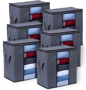 6 or 3 Large Clothes Storage Bags with Lids - Durable Moving Boxes for Bedding, Duvets, and Blankets - Reinforced Handles & Clear Window for Easy Organization Room Organiser Steel