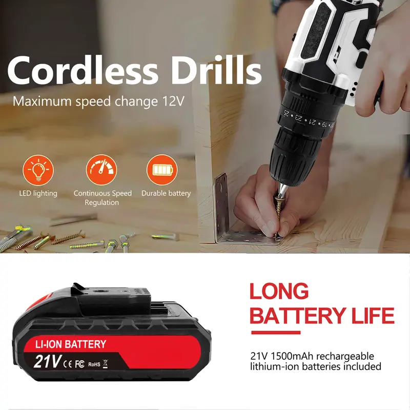21V Cordless Combi Drill Electric Powerful Driver Screwdriver Battery LED Light 1