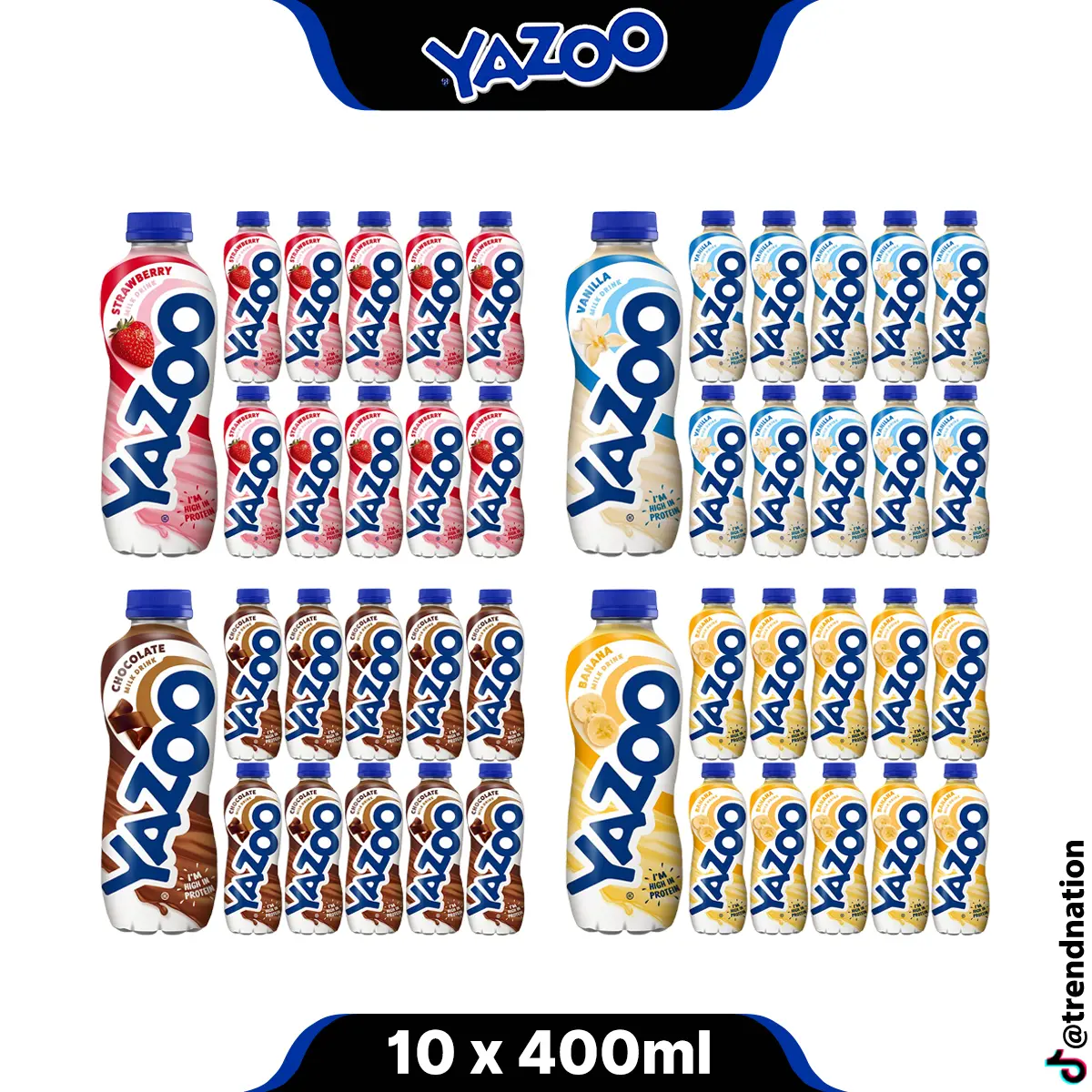 Yazoo Milkshake Drink Pack of 10 x 400ml | Banana, Chocolate, Strawberry & Vanilla Flavours | High in Protein and Calcium | Milk Drink Beverage