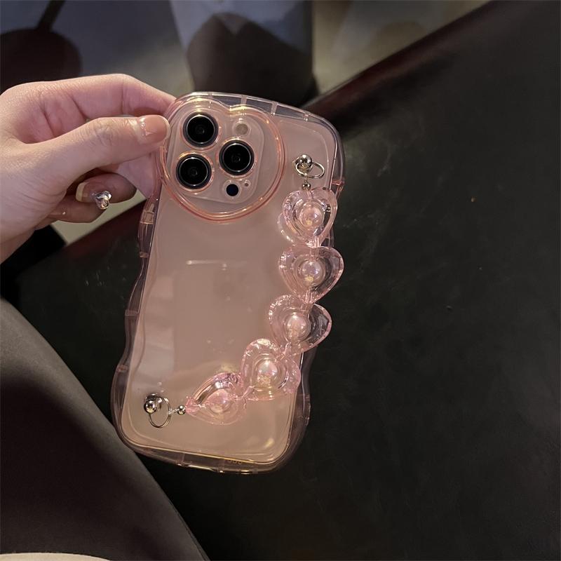 「Bubble Phone Case」3D Love Heart Wrist Chian Wavy Transparent Soft Phone Case for iphone 14 12 13 Pro Max 11 X S XR XS Cute Clear Shockproof Cover 2